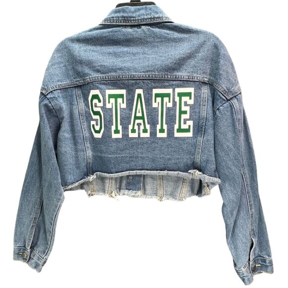 JW Signature Cropped Jean Jacket M Blue Fray Hem STATE Graphic Raw Hem Y2K Style - Picture 1 of 13